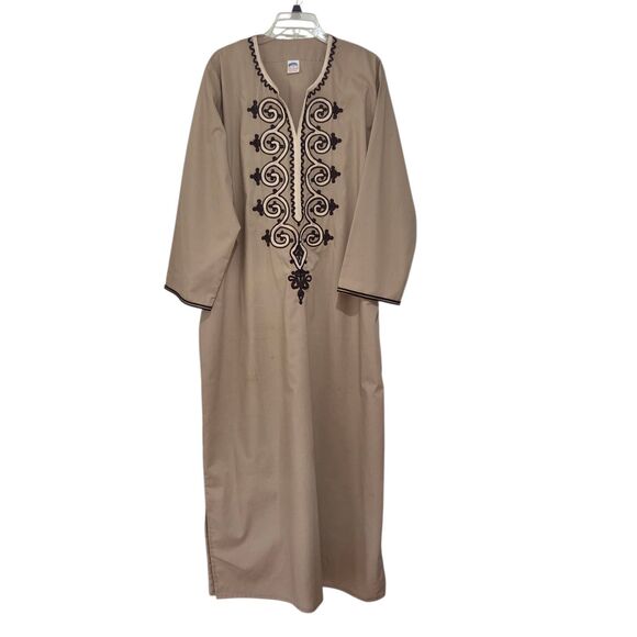 Khatab Egyptian Cotton Kaftan Dress XXL Tan with Brown Trim And Embroidery Boho - Picture 6 of 10